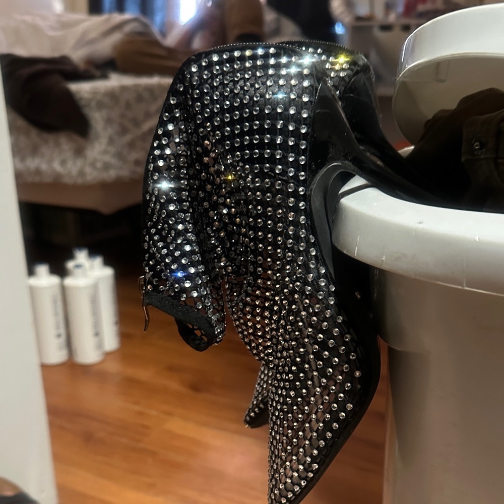 Black Rhinestone Heeled Boots - Picture 2 of 2